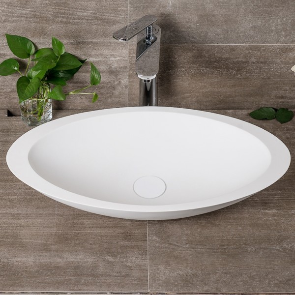 Stylish Oval Shape Matte/Glossy White Solid Surface Stone Resin Bathroom Vessel Sink with Pop-Up Drain