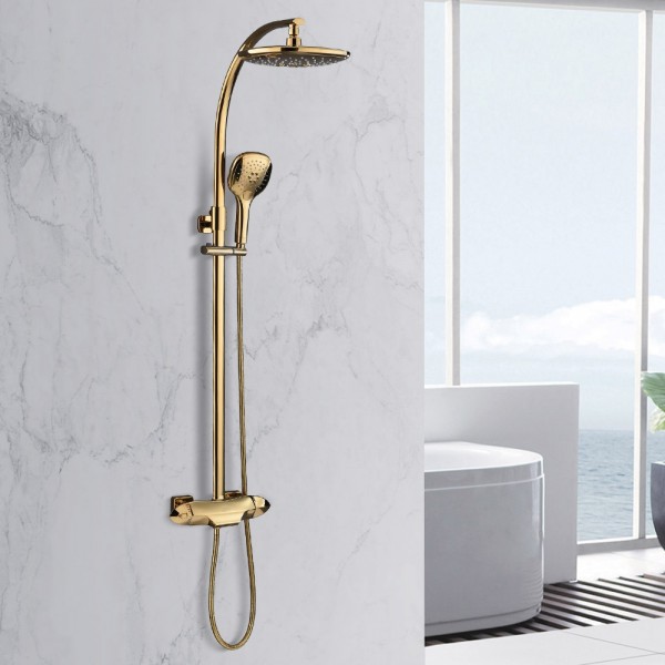 Zime Modern Gold Exposed Adjustable Shower Faucet Thermostatic Valve with 2-Function Hand Shower & Waterfall Tub Spout Shower System Solid Brass
