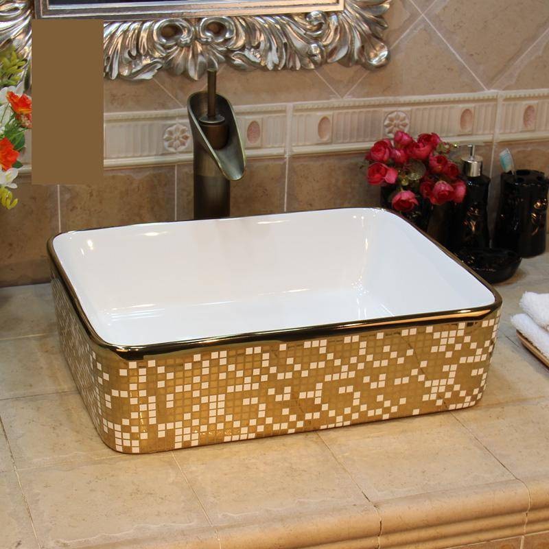 Luxury Ceramic Washbasin Gold And White mosaic bathroom sink wash basin ...