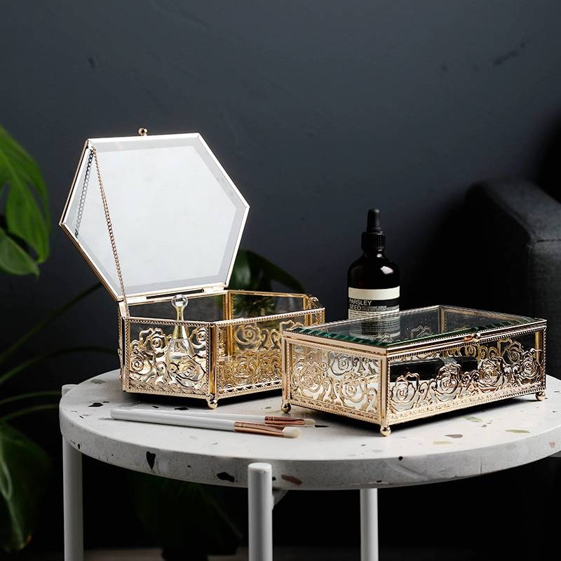Luxury Light Luxury Glass Goldplated Wrought Iron Jewelry Box Home