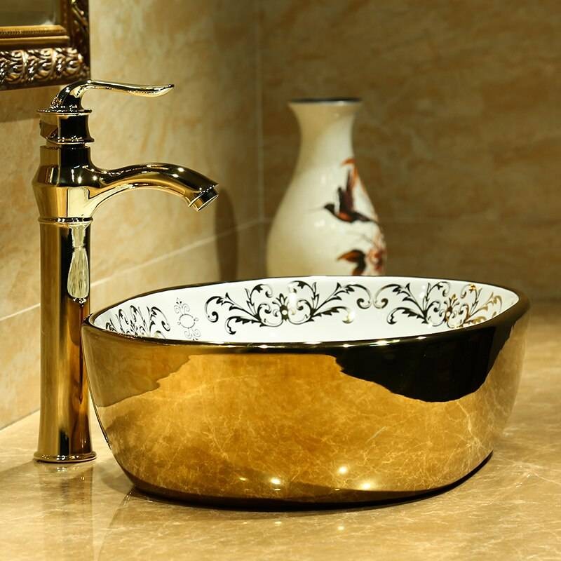 Luxury Oval Painting gold Ceramic Painting Art Lavabo Bathroom Vessel ...