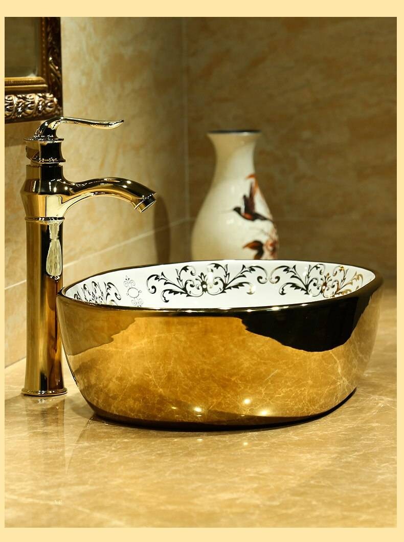 Luxury Oval Painting gold Ceramic Painting Art Lavabo Bathroom Vessel ...