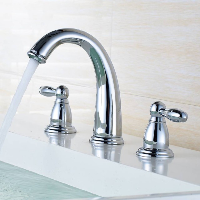 3PCS Bathroom Sink Faucet Double Handles Deck Mount Black 3Holes Basin Mixer Tap