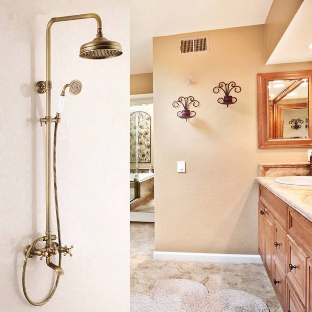 Antique Brass Rain Shower Faucet Set Bathroom Tub Mixer Tap Hand Shower Zrs114 