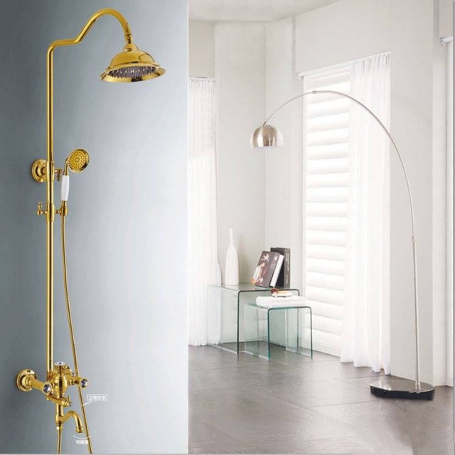 New Pure 24K Yellow GOLD Bathroom Wall Tap Shower Head Set Shower Rose Tapware 
