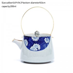 200ML Vintage Ceramic Blue and White Porcelain Blue Under Glazed Teapot with Gold Handle Ice Crack Texture Tea Kettle