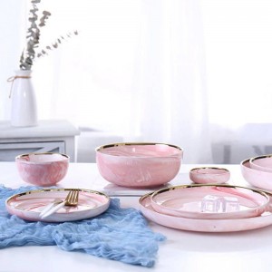 2 People Set Pink Marble Ceramic Dinner Dish Rice Salad Noodles Bowl Soup Plates Dinnerware Sets Tableware Kitchen Cook Tool