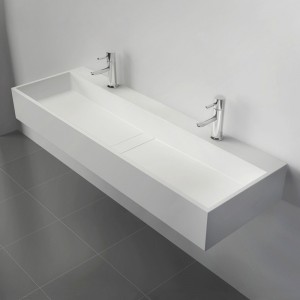 47 Inch Wall-Mount Double Sink Stone Resin Matte/Glossy White Trough Bathroom Sink with Two Faucet Hole