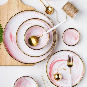 4 People Set Pink Marble Ceramic Dinner Dish Rice Salad Noodles Bowl Soup Plates Dinnerware Sets Tableware Kitchen Cook Tool