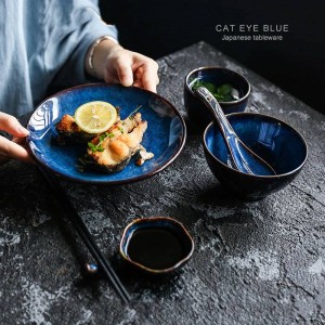 5pcs per set deep blue ceramic tableware 1 person dinner set plate bowl cup sauce dish porcelain tableware