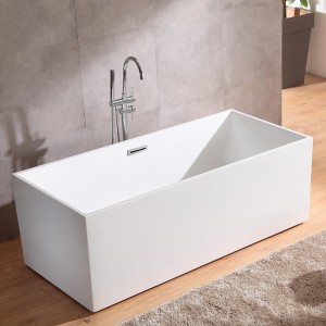 67 Inch Rectangle Freestanding Acrylic White Bathtub with Chrome Linear Overflow and Center Drain