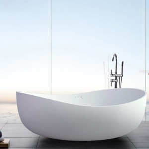 71 Inch Contemporary Oval Freestanding Stone Resin Soaking Bathtub with Center Drain in Matte/Glossy White