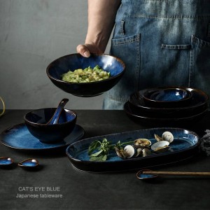 7 heads or 14heads or 32heads deep blue ceramic tableware dinner set plate bowl cup sauce dish porcelain tableware