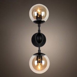 Adory Retro 2-Light Tea Glass Globe Shade Black Metal Base Indoor Sconce Wall Lamp