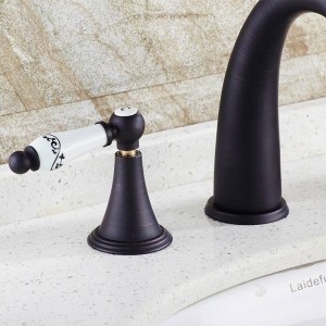Basin Faucets Black Brass Deck Mounted Widespread Bathroom Faucet 3 Pcs Ceramics Double Handle Lavatory Sink Mixer Taps SY-057R
