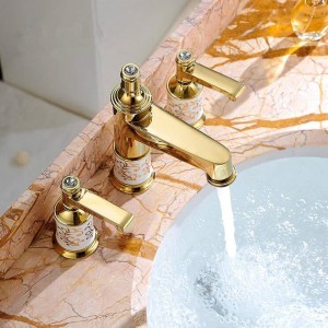 Basin Faucets Brass Golden 3 Holes Double Handle Bathroom Sink Faucet Luxury Bathbasin Bathtub Taps Hot Cold Mixer Water JR-302