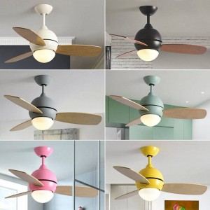  Modern simple colorful ceiling fan with light macaron kids room living room LED three PCS Wood art fan leaf with light