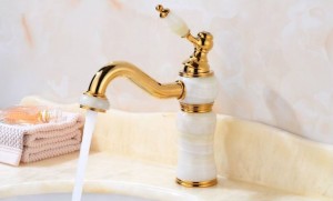 Basin Faucets Gold plated luxury single hole white marble brass faucets Single Hole Basin Mixer Hot And Cold Water Taps 8710