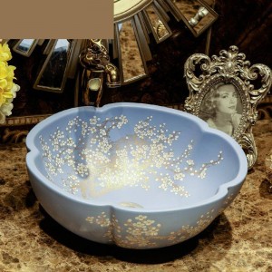  Artistic Handmade Ceramic wash basin Round flower Counter top ceramic wash basin bathroom sinks Blue Plum Blossom pattern