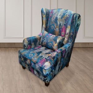 Classic Blue Upholstered Wingback Recliner Peacock Accent Chair Solid Wood Pillow Included