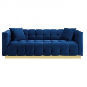 Contemporary Button-Tufted Deep Blue / Navy Blue Velvet Living Room Sofa with Gold Stainless Steel Base Pillows Included