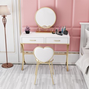 Contemporary Feminine Rectangular Bedroom Makeup Vanity Set with 2 Drawers & Chair Mirror-Included in Gold Finish