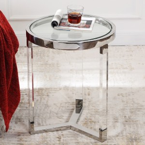 Contemporary Round Acrylic Side Table & Glass End Table Stainless Steel in Gold / Chrome Finish
