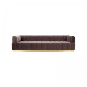 Contemporary Style Brown / Orange Velvet Upholstered Tufted Living Room Sofa with Gold Stainless Steel Base & Soft Pillows