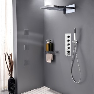 Contemporary Stylish Rain & Waterfall Wall Mount Shower System with Handhled Shower 4-Function Shower Valve Polished Chrome