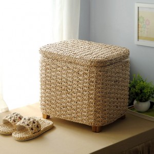 Cottage Natural Weave Rattan Square Storage Ottoman Stool with Liner & Lid in Oak