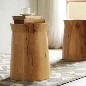 Cottage Round Wood Side Table Tree Stump End Table Pine Wood Table with Tray Top in Beige / Walnut