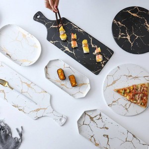 Creative Marble Stripe Large Rectangle And Round Ceramic Pizza Plate Cookware Porcelain Sushi Tableware 