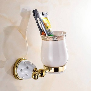 Cup & Tumbler Holders European Style Gold Copper Toothbrush Wall Mounted Bath Product Toothbrush holder Ceramic Cup Bath set5202