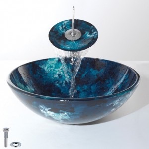 Dark Blue Tempered Glass Circular Vessel Sink and Waterfall Faucet Set Pop-Up Drain Included