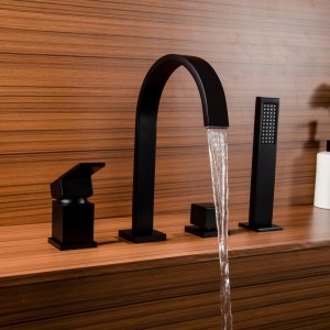 Dree Contemporary Waterfall Spout Deck-Mount Roman Tub Faucet with Hand Shower in Matte Black Solid Brass