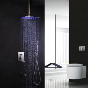 Dree Stainless Steel Brushed Nickel LED Ceiling Mounted Rain Shower Head & Hand Shower & Tub Spout Shower Set Single Handle