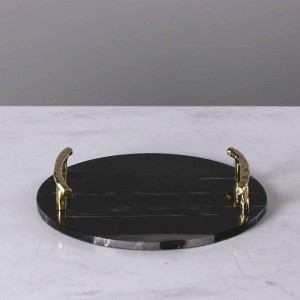 European Black Marble Round Tray Luxury Stainless Steel Handle Jewelry Plate Decorative Plate