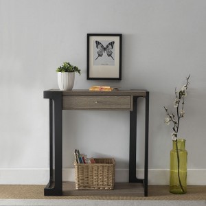 Farmhouse Cottage Wood Narrow Sofa Console Table Black Metal Frame Table with Drawer & Shelf