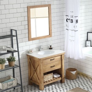 Farmhouse Rectangular Oak Marble Top Single Bathroom Vanity and Ceramics Sink Set with Mirror in Small / Large