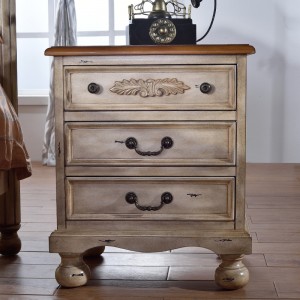 French Country 3 Drawer Dresser Carved Wood Nightstand Distressed White Bedside Cabinet