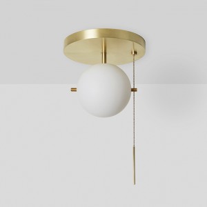 Gidu Mid-Century Pull Chain Ceiling Light Globe Glass Shade Semi Flush Mount Metal in Gold