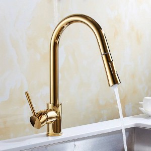 Golden Polished Pull Out Faucets Kitchen Faucet Basin Hot Cold Mixer Tap Sink Faucet 2 Function Spring&Stream KL8055D