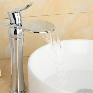 Hot selling chrome-plated tall silver waterfall water outlet deck mounted basin bathroom faucet A1018