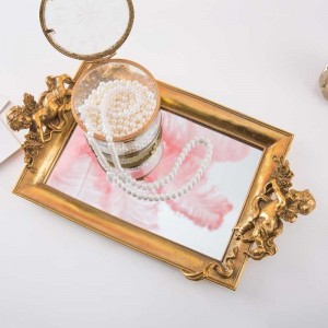  InsFashion luxury and vintage metal silver mirror tray with child model for cosmetic storage or royal style hotel