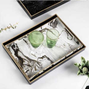  InsFashion super exclusive cool color rectangle marble pattern wooden serving tray for luxe desk clutter storage tray