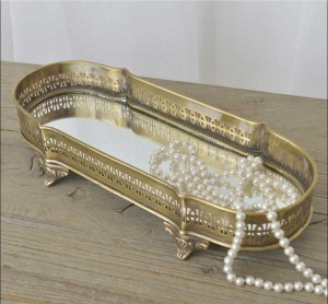  InsFashion vintage and luxury long shaped handmade mirror brass tray with feets for cosmetics storage and display