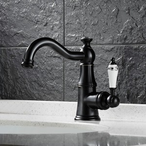 Karon Classic 1-Hole White Single Porcelain Lever Victorian Style Bathroom Sink Faucet in Antique Black Solid Brass