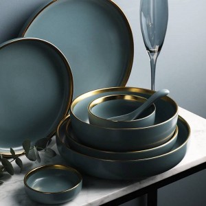 KINGLANG 2 or 4 or 6 person set Golden edge plates Ceramic Dinnerware Set NEW Blue Golden Ceramic Tableware Set 