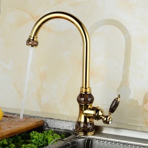 Kitchen Faucets Brass with Marble Kitchen Crane Single Handle Gold Finish 360 Swivel Mixers Taps Kitchen Tap Sink Mixer U-02