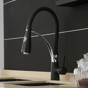 LED Kitchen Faucets with Rubber Design Black Mixer Faucet for Kitchen Single Handle Pull Down Deck Mounted Crane LAD-7668